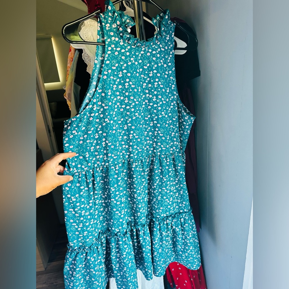 Knee length tiered teal flower dress